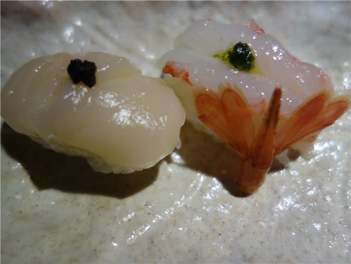 sushi of Japanese scallop and spot prawn
